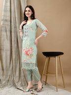 Schiffli Embroidered Kurta With Pant & Printed Dupatta Luxury Premium, Green - Hiral Fashion | Grocsy