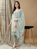 Schiffli Embroidered Kurta With Pant & Printed Dupatta Luxury Premium, Green - Hiral Fashion | Grocsy