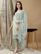 Schiffli Embroidered Kurta With Pant & Printed Dupatta Luxury Premium, Green - Hiral Fashion | Grocsy