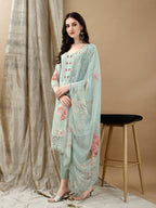 Schiffli Embroidered Kurta With Pant & Printed Dupatta Luxury Premium, Green - Hiral Fashion | Grocsy