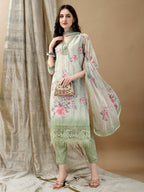 Schiffli Embroidered Kurta With Pant & Printed Dupatta Luxury Premium, Green - Hiral Fashion | Grocsy