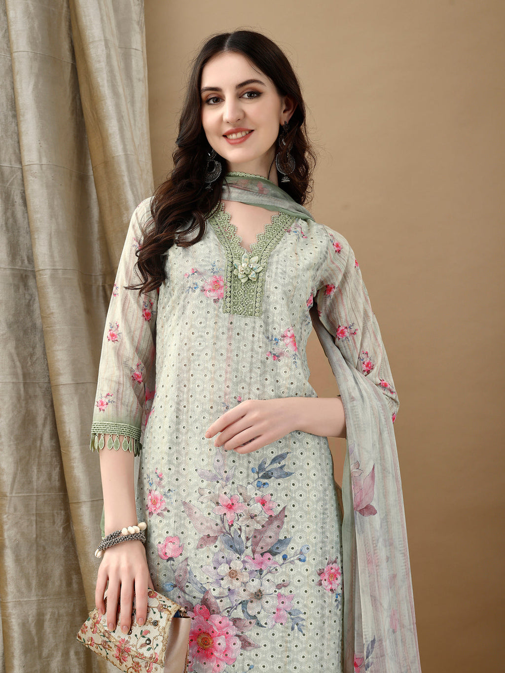 Schiffli Embroidered Kurta With Pant & Printed Dupatta Luxury Premium, Green - Hiral Fashion | Grocsy