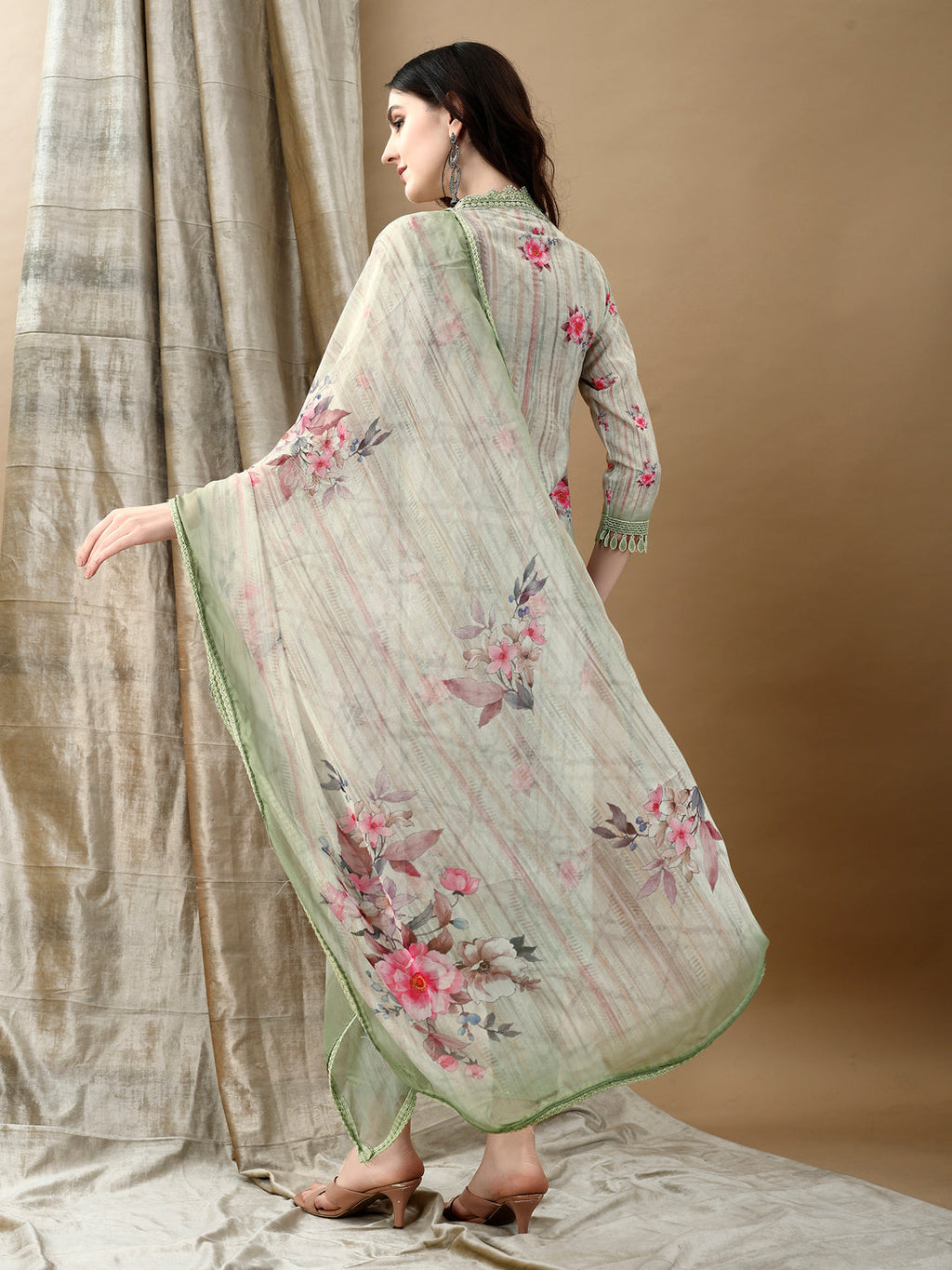 Schiffli Embroidered Kurta With Pant & Printed Dupatta Luxury Premium, Green - Hiral Fashion | Grocsy