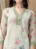 Schiffli Embroidered Kurta With Pant & Printed Dupatta Luxury Premium, Green - Hiral Fashion | Grocsy