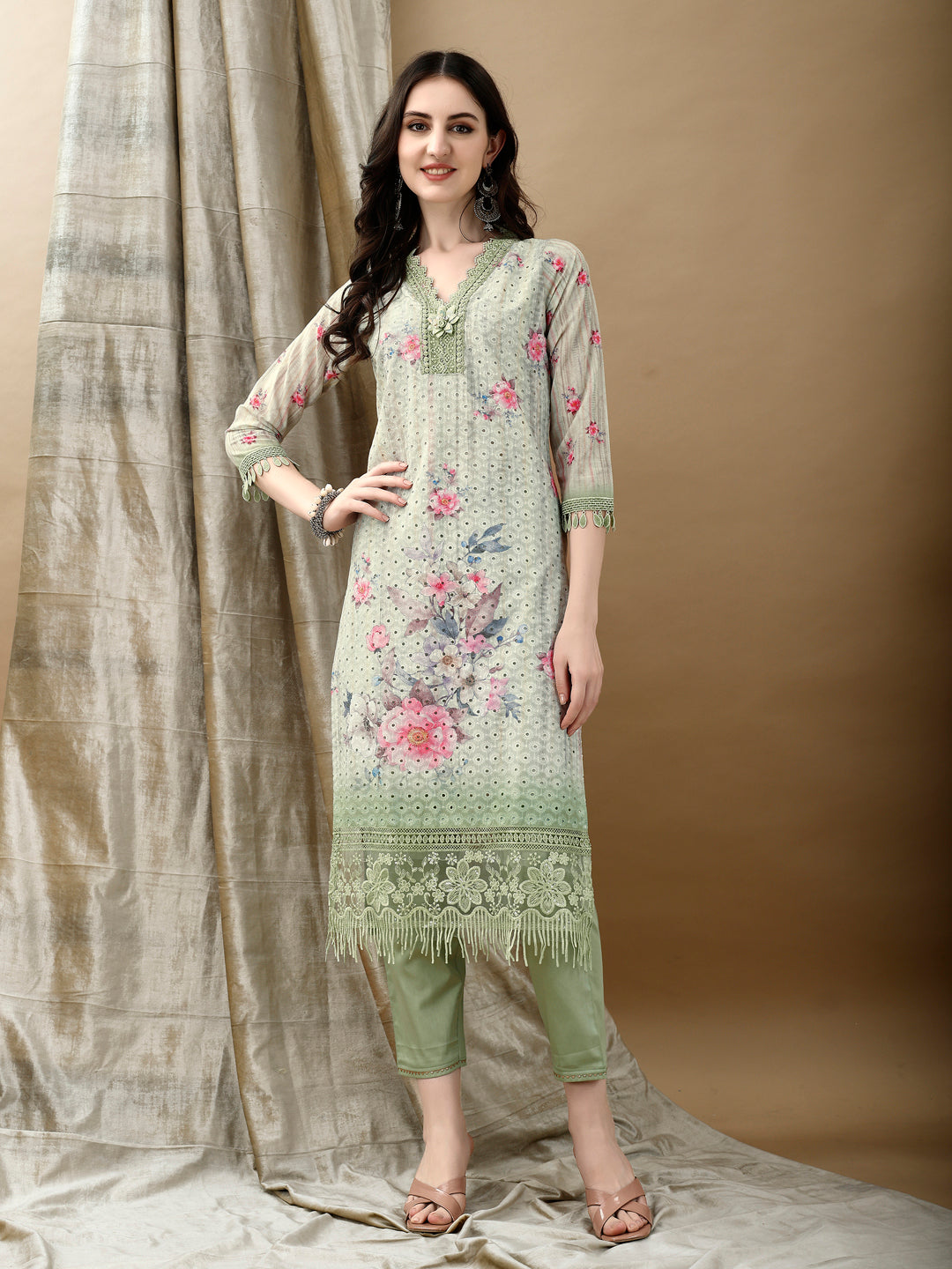 Schiffli Embroidered Kurta With Pant & Printed Dupatta Luxury Premium, Green - Hiral Fashion | Grocsy