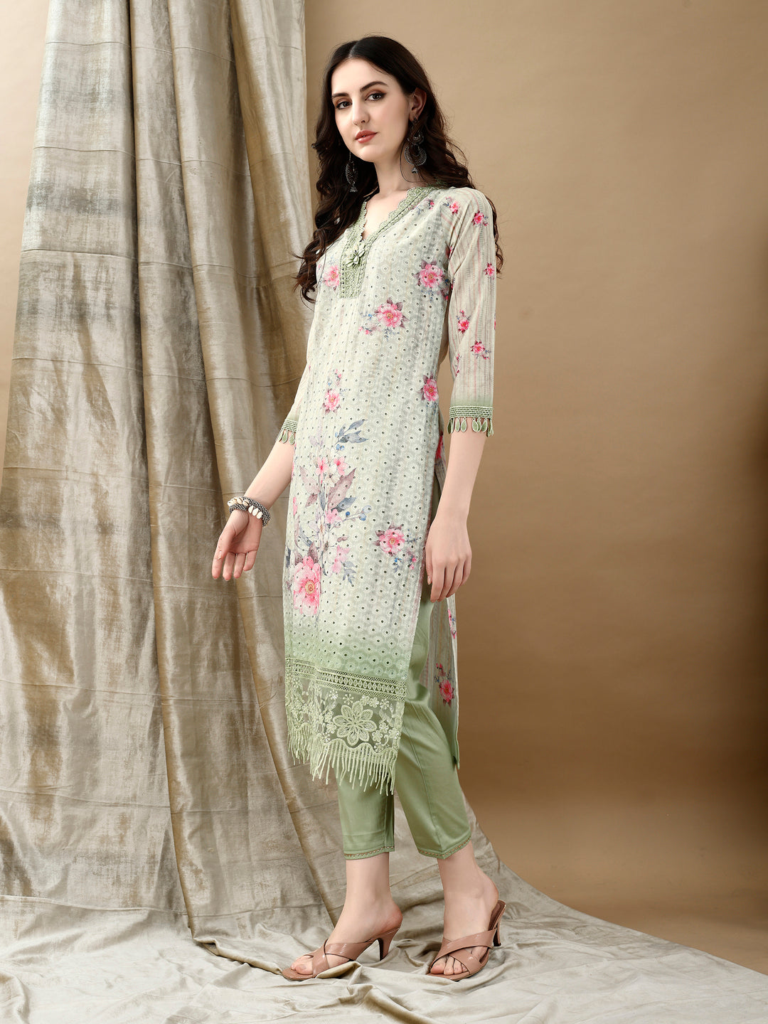 Schiffli Embroidered Kurta With Pant & Printed Dupatta Luxury Premium, Green - Hiral Fashion | Grocsy