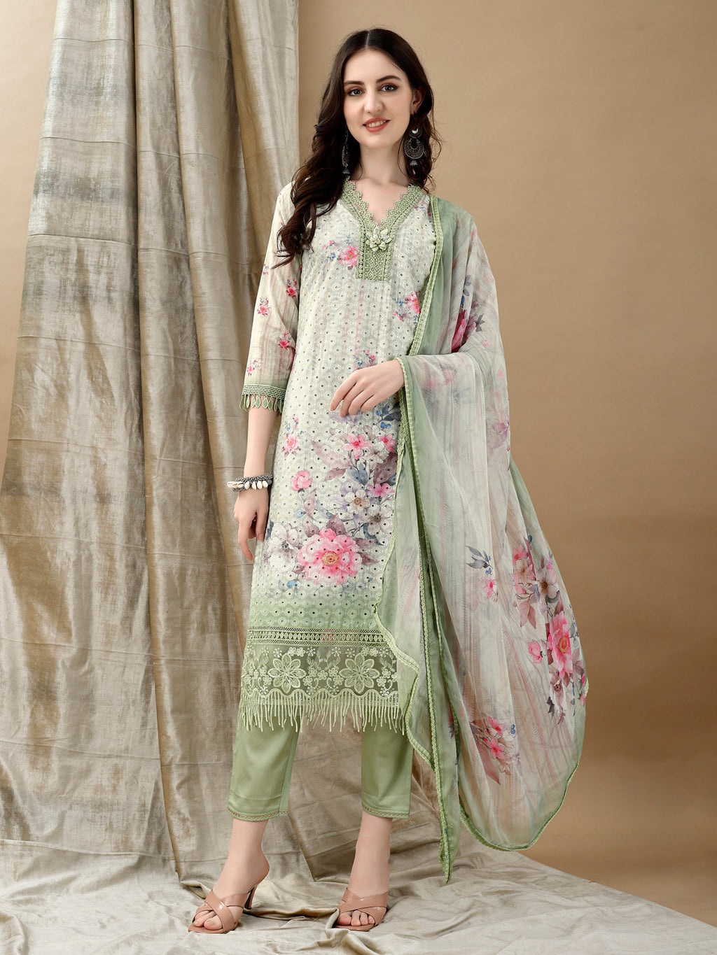 Schiffli Embroidered Kurta With Pant & Printed Dupatta Luxury Premium, Green - Hiral Fashion | Grocsy