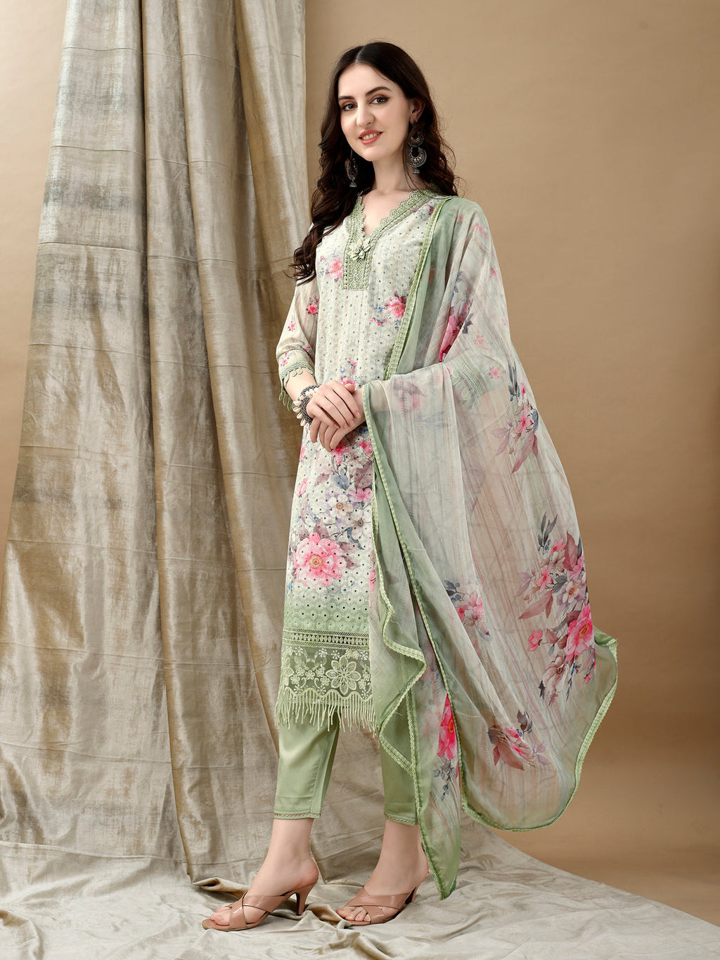 Schiffli Embroidered Kurta With Pant & Printed Dupatta Luxury Premium, Green - Hiral Fashion | Grocsy