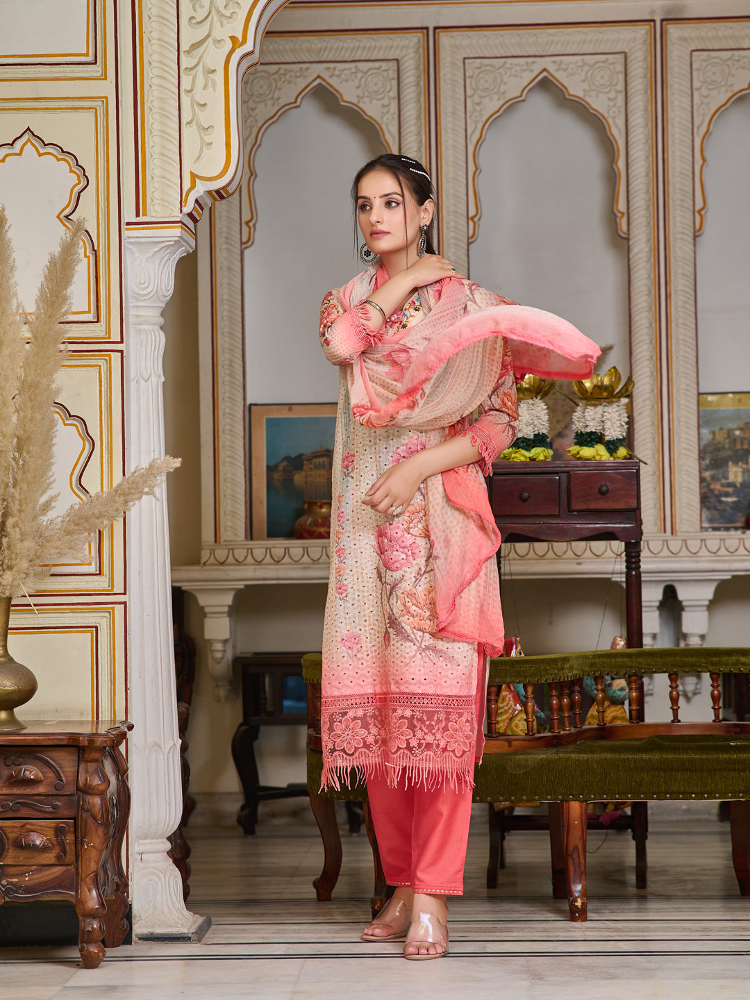 Schiffli Embroidered Kurta With Pant & Printed Dupatta Premium Luxury, Multicolor - Hiral Fashion | Grocsy