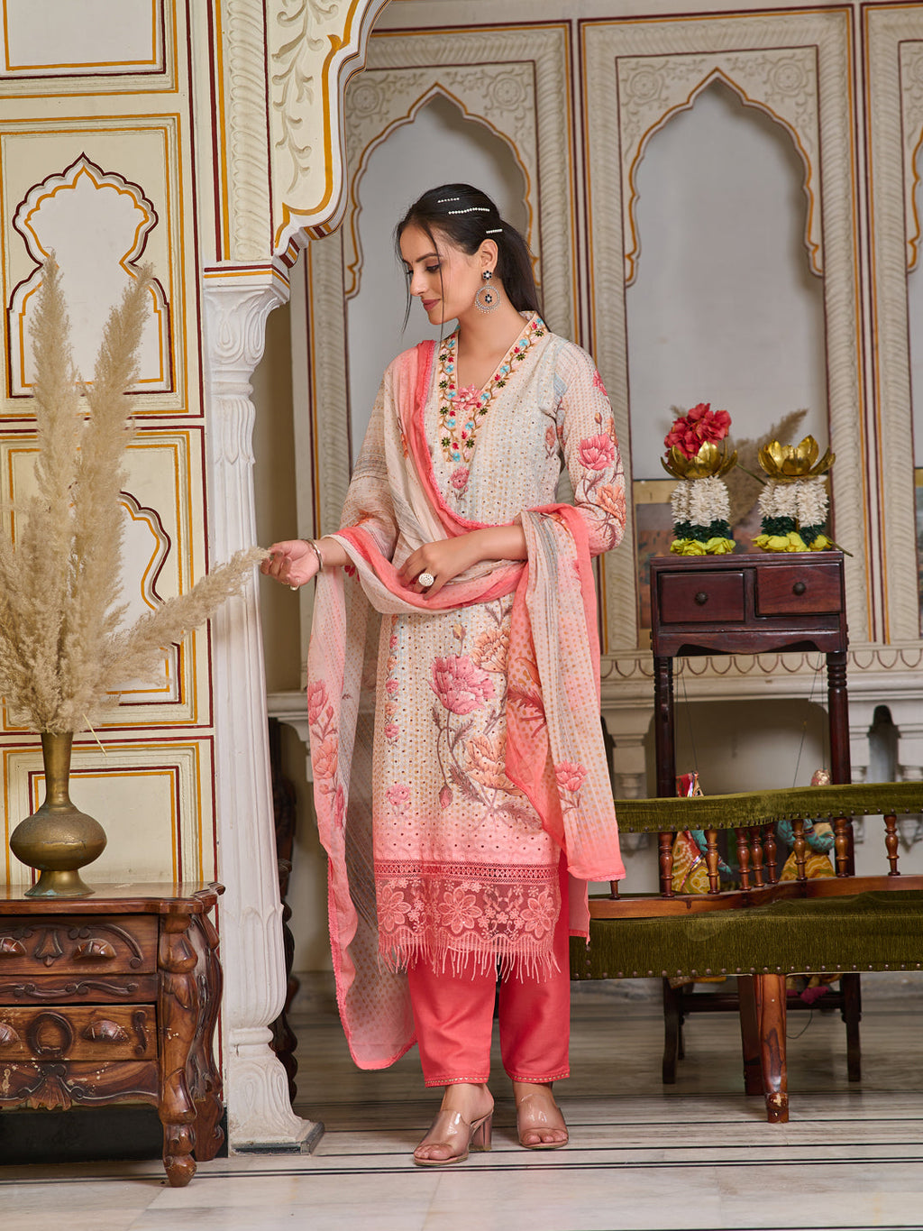 Schiffli Embroidered Kurta With Pant & Printed Dupatta Premium Luxury, Multicolor - Hiral Fashion | Grocsy