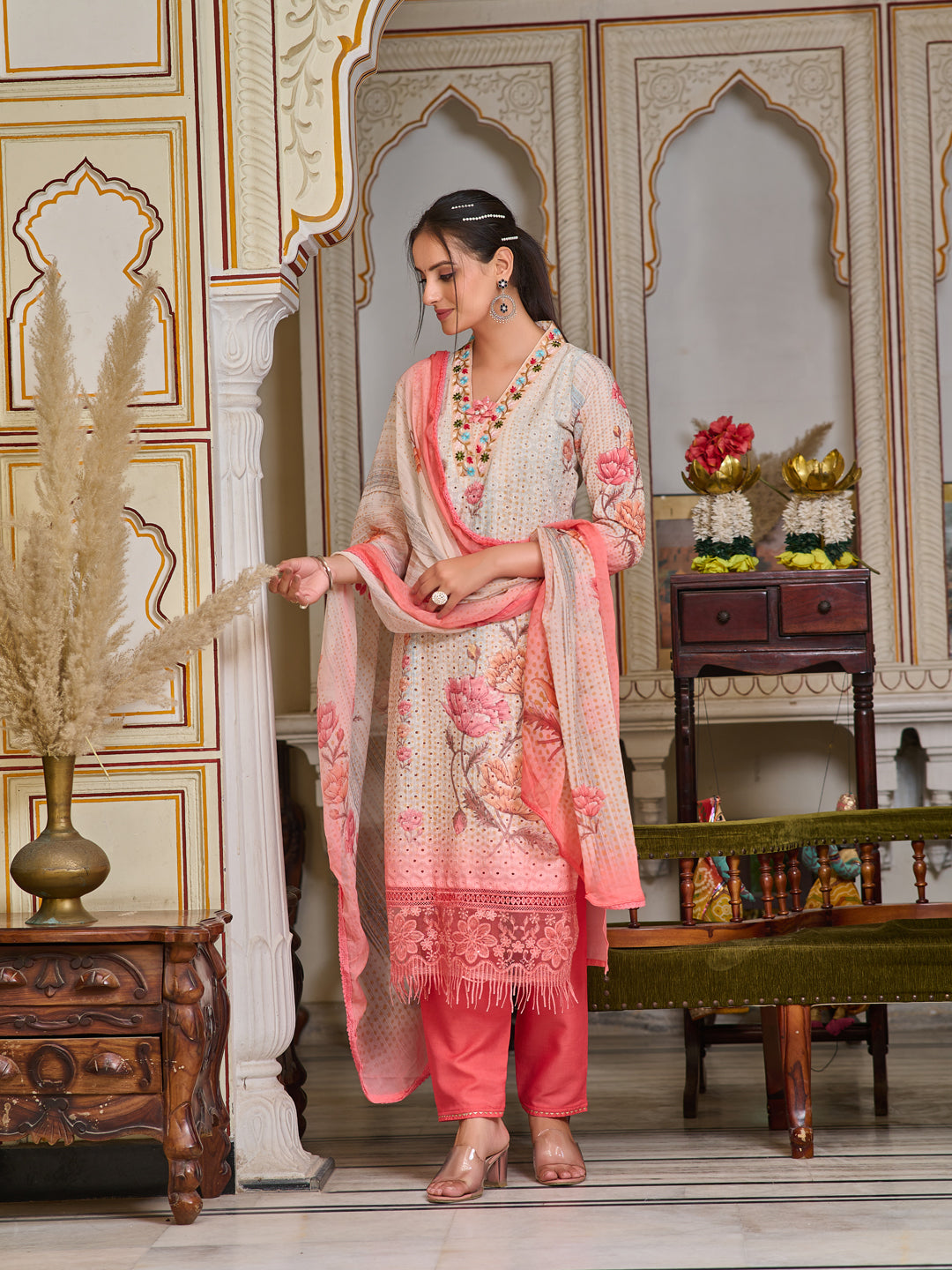 Schiffli Embroidered Kurta With Pant & Printed Dupatta Premium Luxury, Multicolor - Hiral Fashion | Grocsy