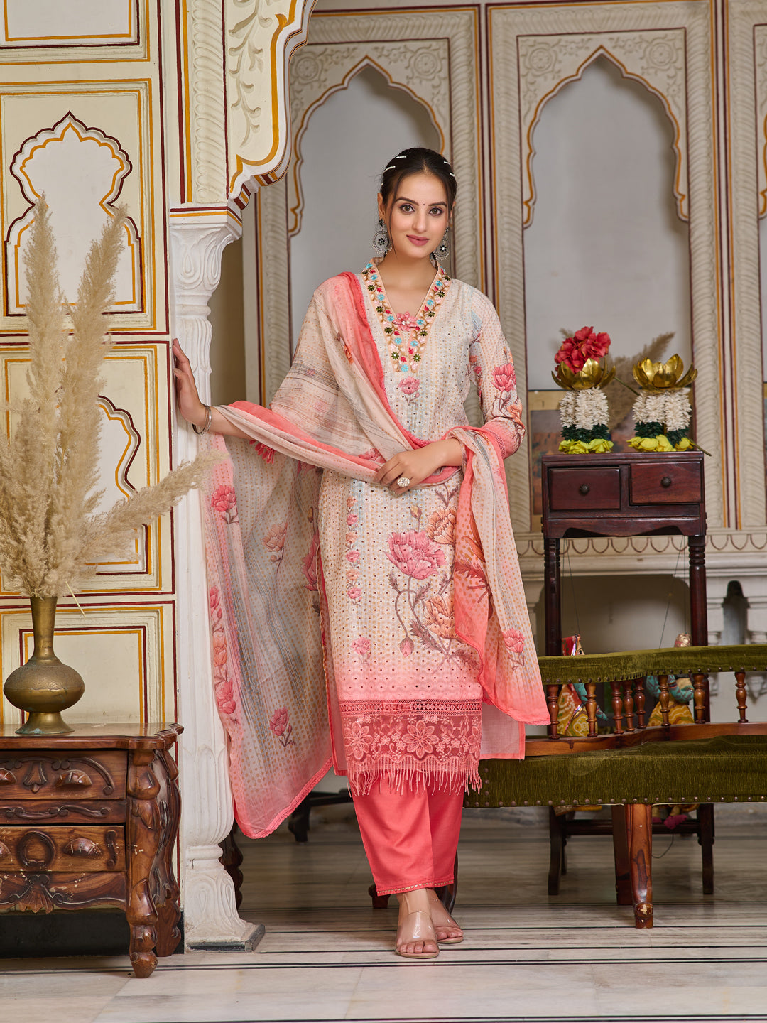 Schiffli Embroidered Kurta With Pant & Printed Dupatta Premium Luxury, Multicolor - Hiral Fashion | Grocsy