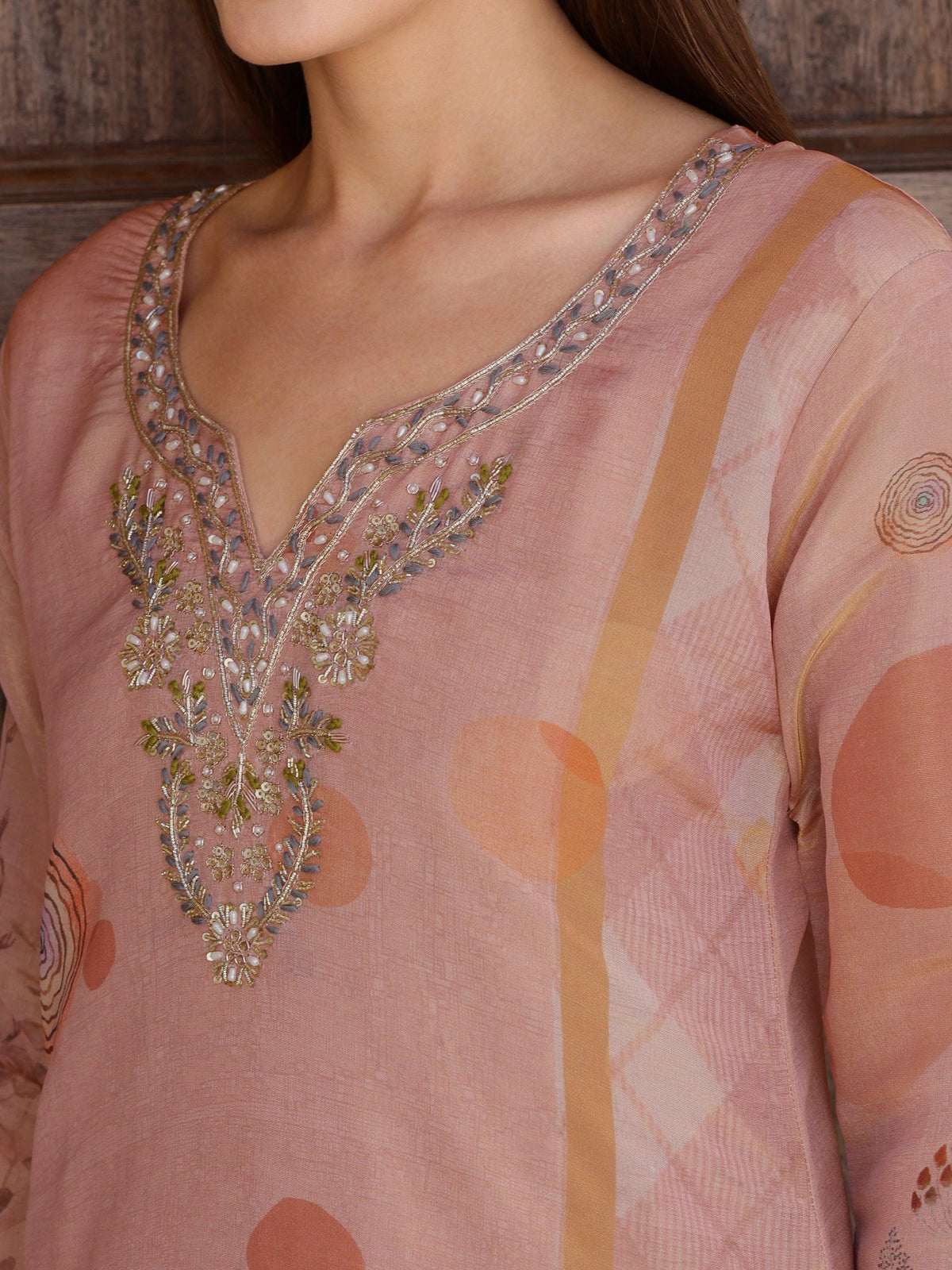 Hand Embroidered & Printed Silk Kurta With Pant & Dupatta, Peach - Hiral Fashion | Grocsy