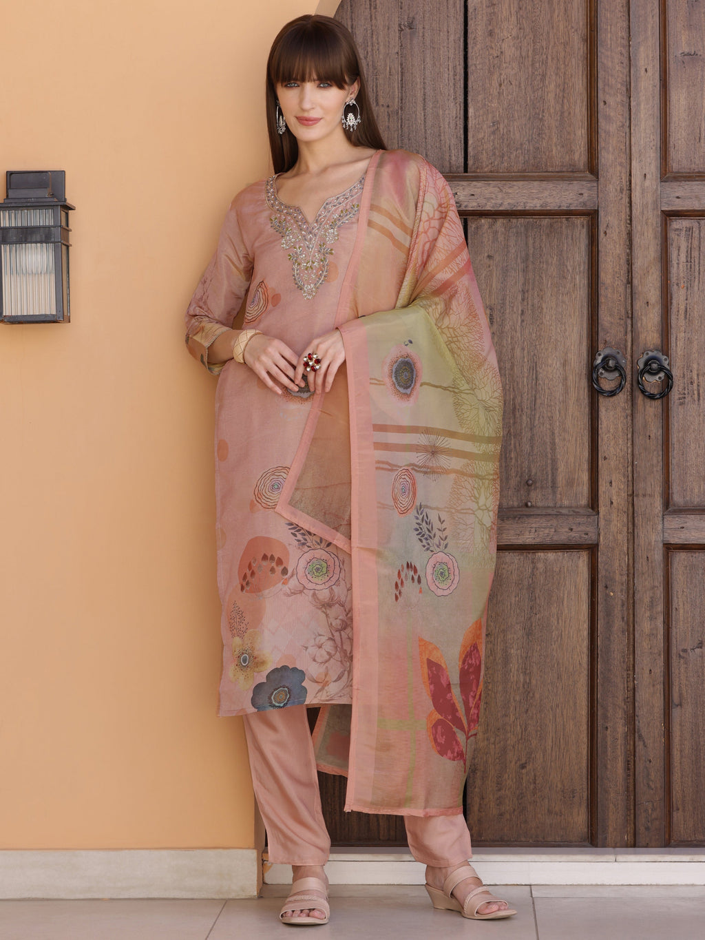 Hand Embroidered & Printed Silk Kurta With Pant & Dupatta, Peach - Hiral Fashion | Grocsy