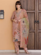Hand Embroidered & Printed Silk Kurta With Pant & Dupatta, Peach - Hiral Fashion | Grocsy
