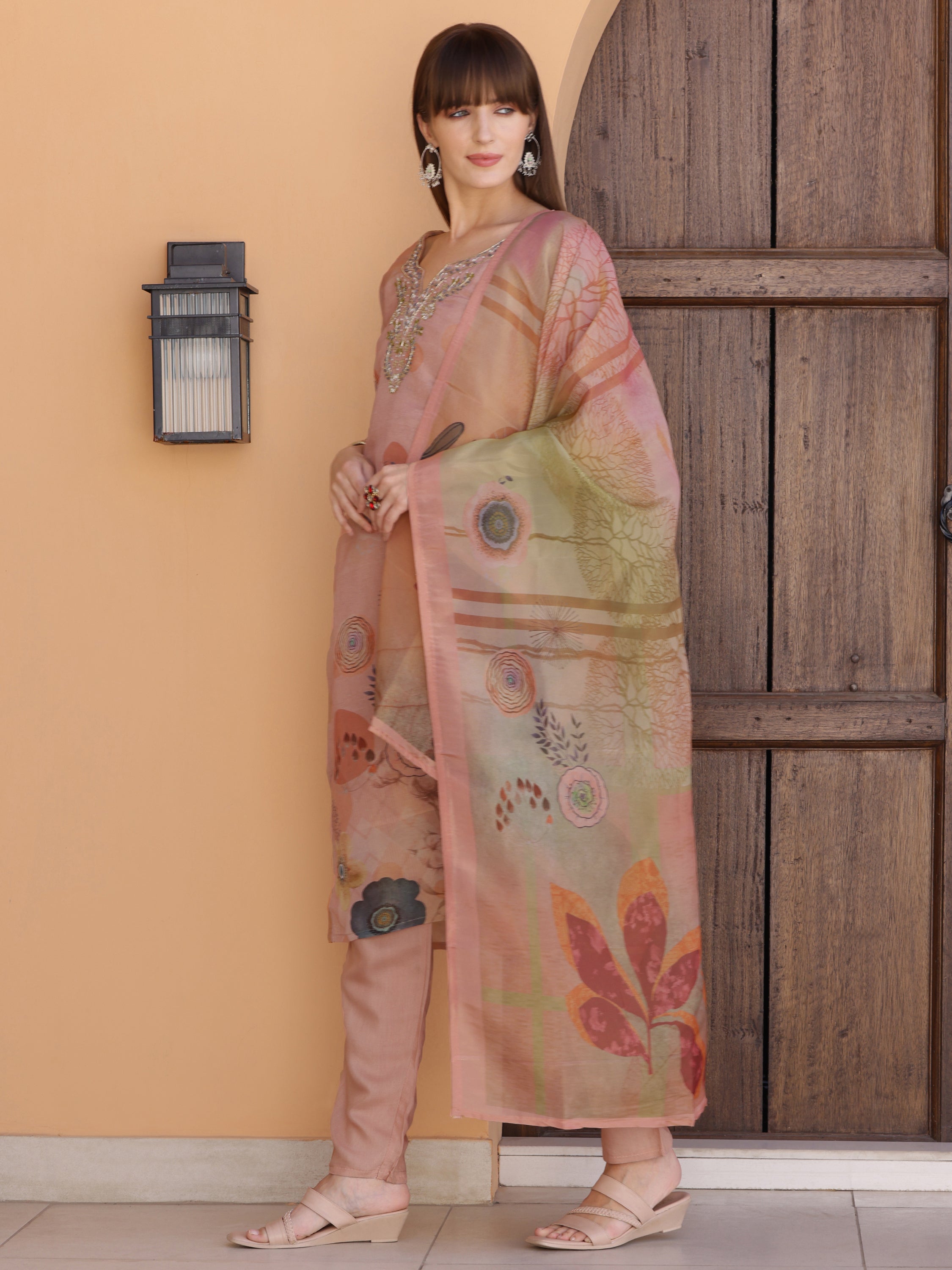 Hand Embroidered & Printed Silk Kurta With Pant & Dupatta, Peach - Hiral Fashion | Grocsy