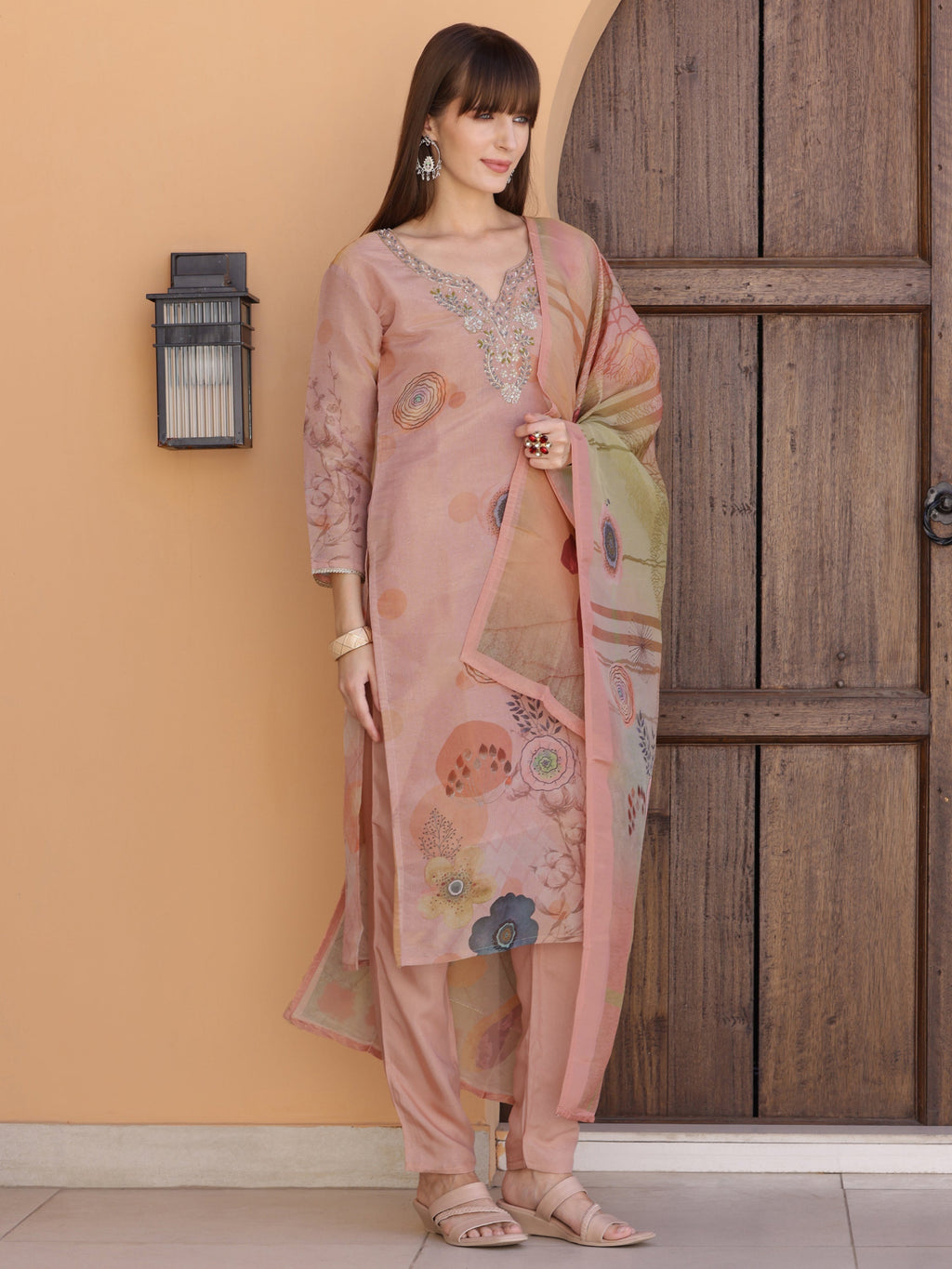 Hand Embroidered & Printed Silk Kurta With Pant & Dupatta, Peach - Hiral Fashion | Grocsy