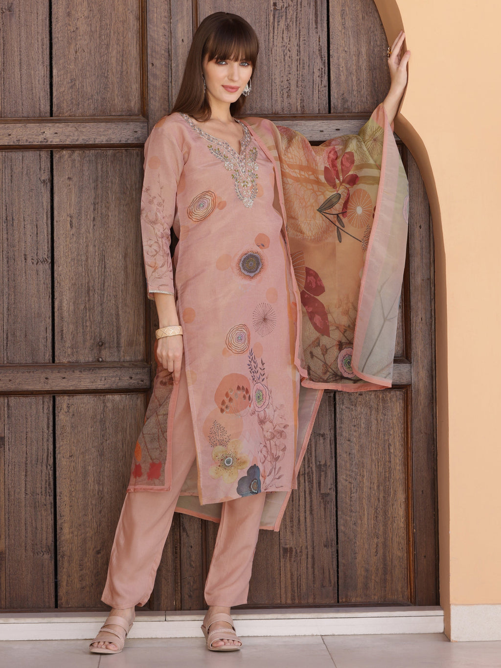 Hand Embroidered & Printed Silk Kurta With Pant & Dupatta, Peach - Hiral Fashion | Grocsy