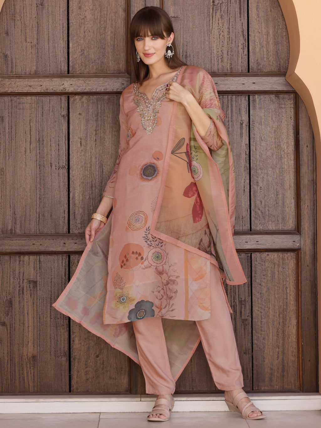 Hand Embroidered & Printed Silk Kurta With Pant & Dupatta, Peach - Hiral Fashion | Grocsy