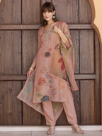 Hand Embroidered & Printed Silk Kurta With Pant & Dupatta, Peach - Hiral Fashion | Grocsy