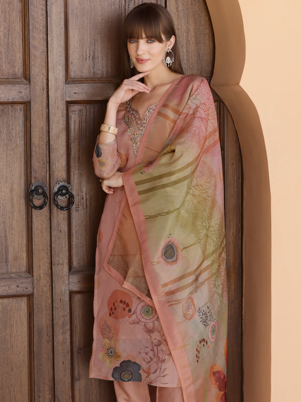 Hand Embroidered & Printed Silk Kurta With Pant & Dupatta, Peach - Hiral Fashion | Grocsy