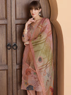 Hand Embroidered & Printed Silk Kurta With Pant & Dupatta, Peach - Hiral Fashion | Grocsy