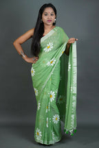Exclusive Collection Light Green Pure Cotton Saree With Sunflower Design | Grocsy