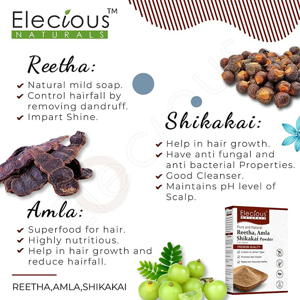 Elecious Naturals Amla, Reetha, Shikakai 3-in-1 Powder For Hair Cleanser | Grocsy