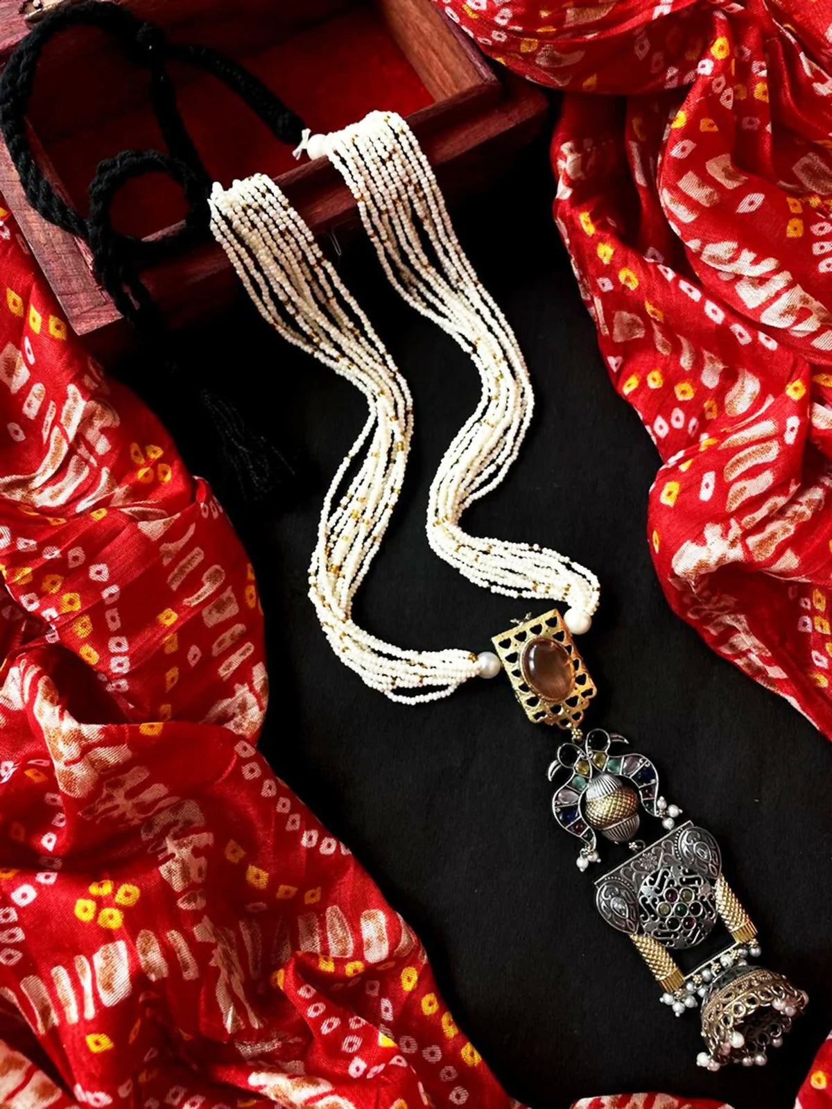 Joban Fashion Brown Brass Dual Tone Long Pendant Beaded Mala Necklace | Grocsy