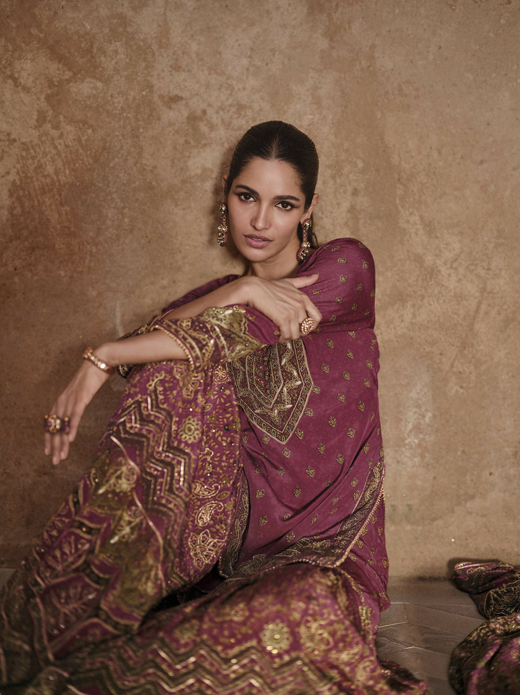 Anaita Maroon Silk Readymade Palazzo Suit with Swarovski Work | Grocsy