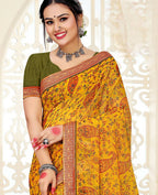 Yellow Chiffon Brasso Printed Saree With Unstitched Blouse Piece - Jyoti | Grocsy