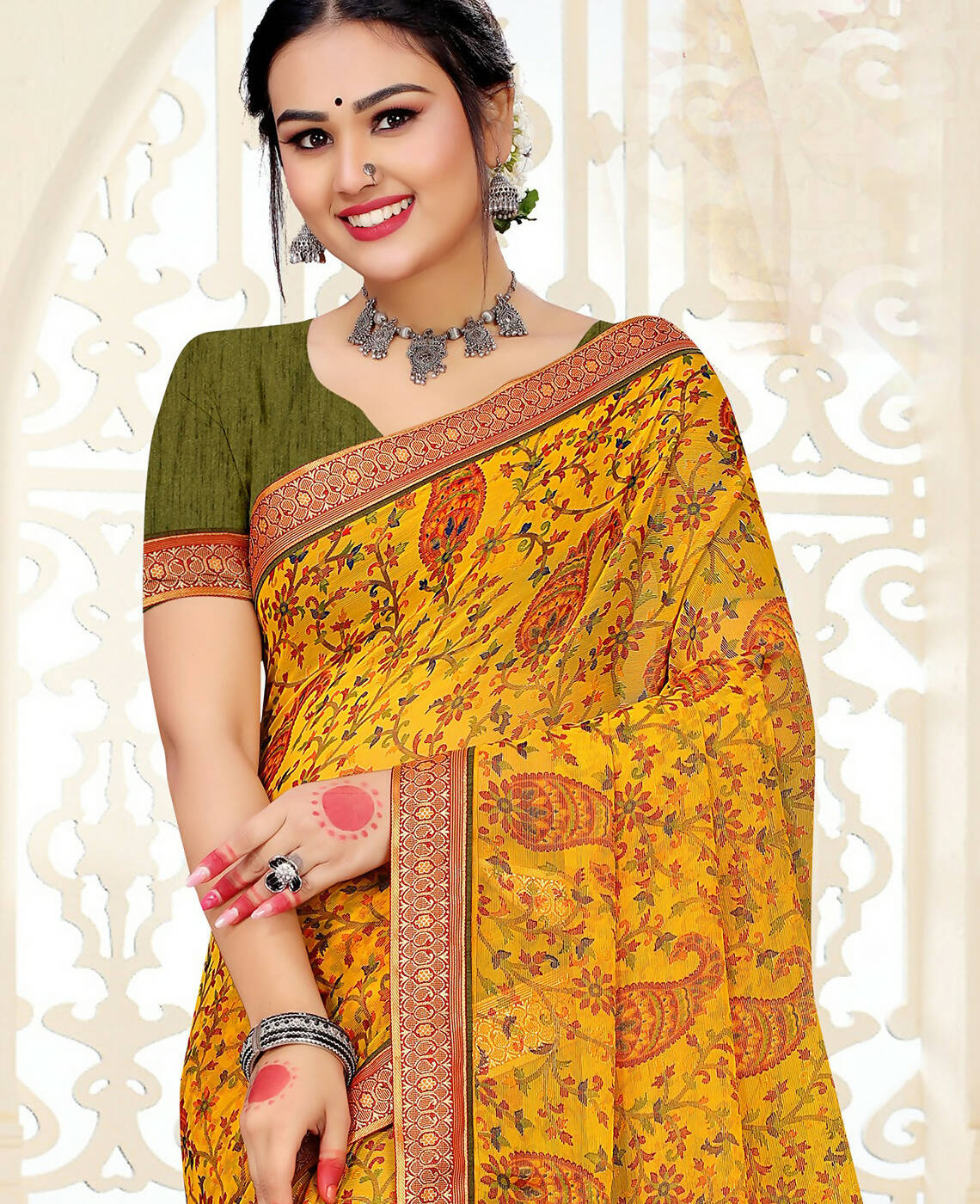 Yellow Chiffon Brasso Printed Saree With Unstitched Blouse Piece - Jyoti | Grocsy
