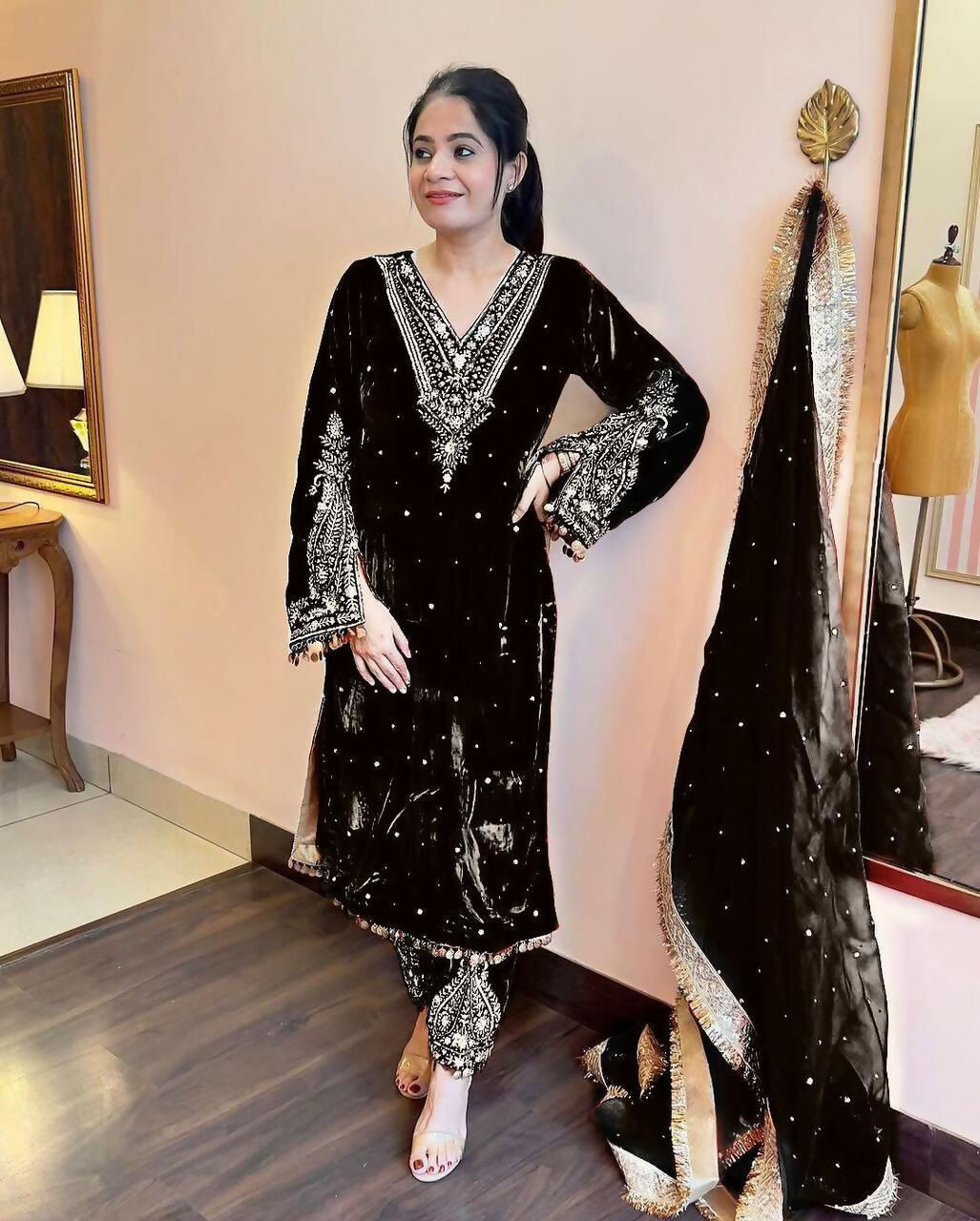 Joban Fashion Black Velvet Embroidery Kurta Set | Grocsy