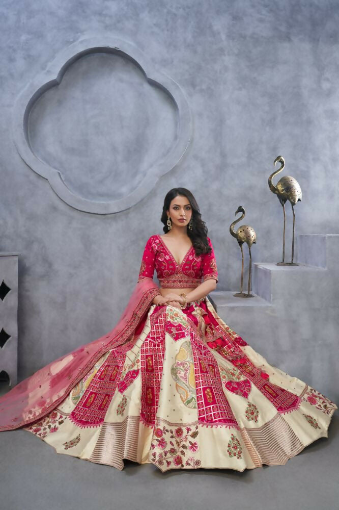 Kesar Fab Ivory Silk Embroidered Lehenga | Grocsy