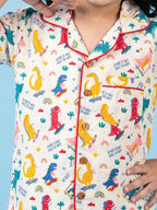 Breathables Woven Cotton Half Sleeves Dino Shirt & Pyjama White | Grocsy
