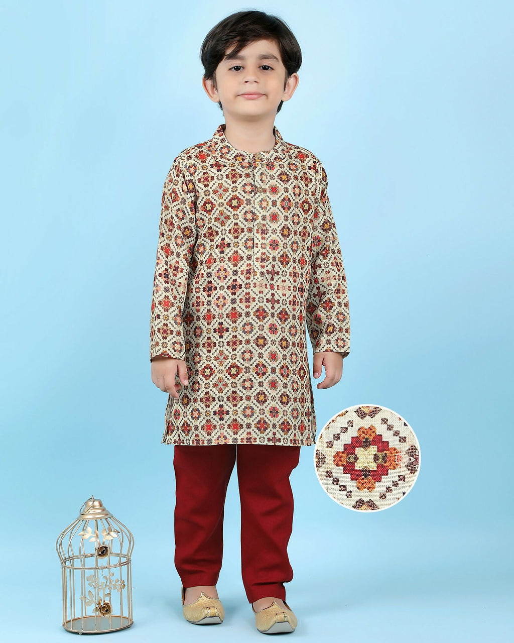 Joban Fashion Kids Island Cotton Full Sleeves Printed Kurta and Pyjama- Maroon | Grocsy