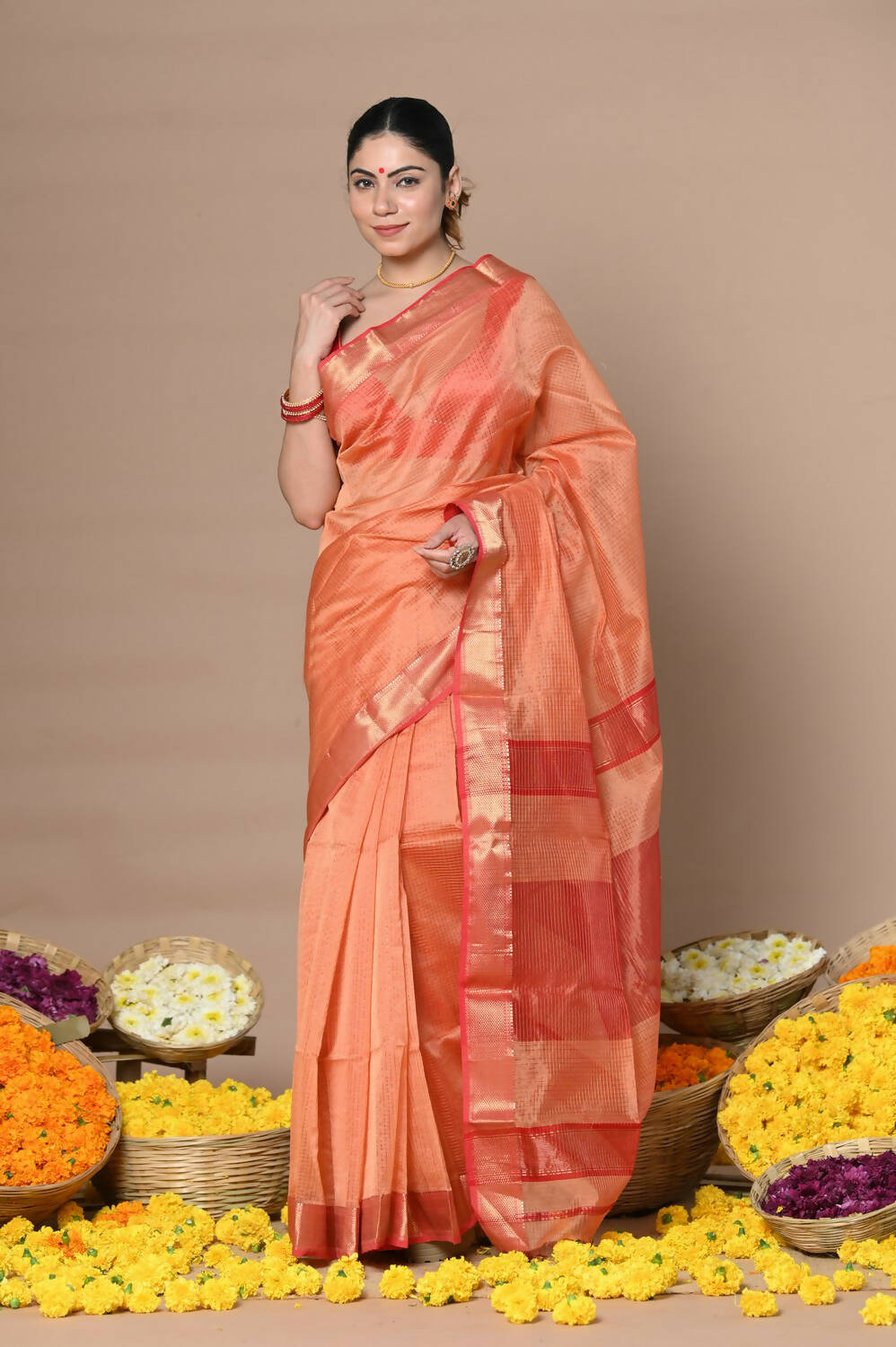 Very Much Indian Rajsi - Handloom Ari Checks Cotton Silk Saree With Golden Border - Orange | Grocsy
