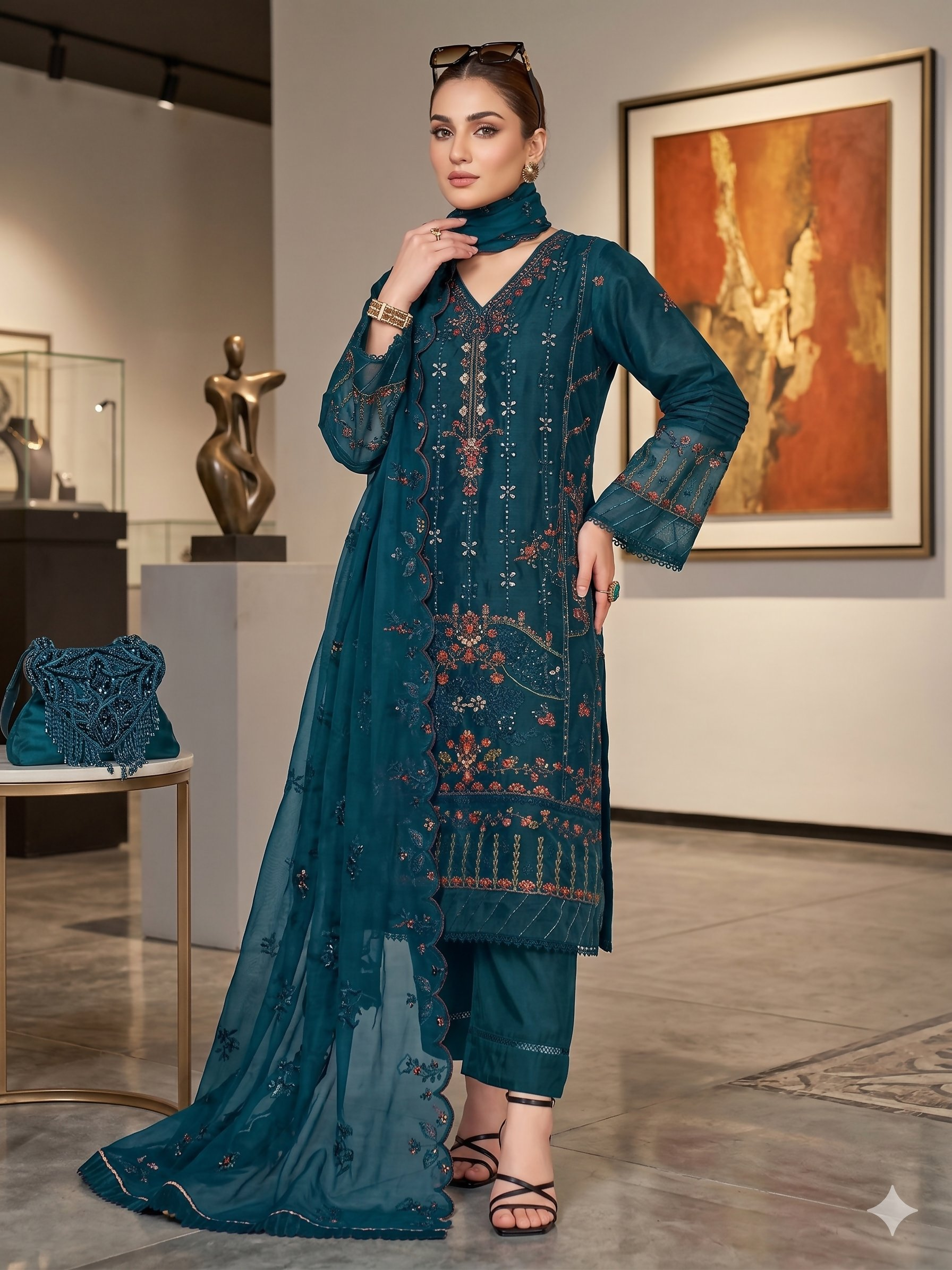 Teeya Creation Womens New Net With Heavy Embroiedery With Sequence Work Teal Kurta Set | Grocsy