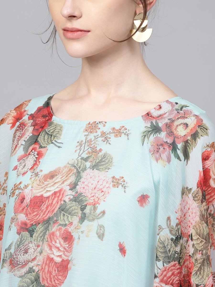 Ahalyaa Aqua Blue Poly Silk Kurta With Attached Printed Dupatta | Grocsy