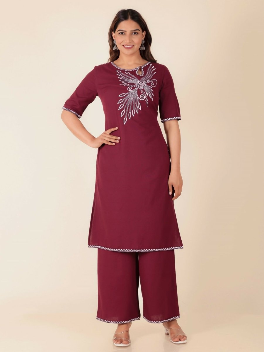 Aramya Maroon Linen Cotton Solid Print Straight Kurta Set for Women | Grocsy