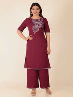 Aramya Maroon Linen Cotton Solid Print Straight Kurta Set for Women | Grocsy