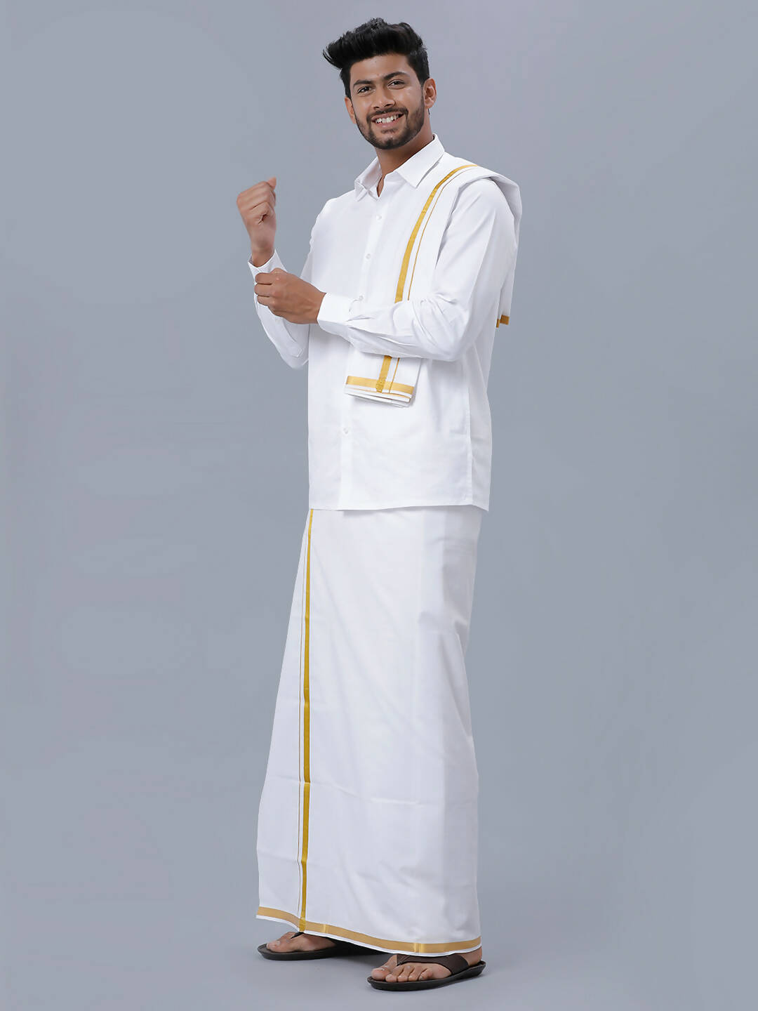 Ramraj Cotton Premium Wedding White Readymade Dhoti, Shirt & Towel Set Dhanvanthri | Grocsy