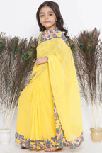 Little Bansi Floral Print Ready To Wear Saree And Floral Blouse - Yellow | Grocsy