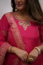 The52 Gajri Women's Gorgeous Embroidered Viscose Chanderi Fabric Straight Kurta Pant with Dupatta Set | Grocsy