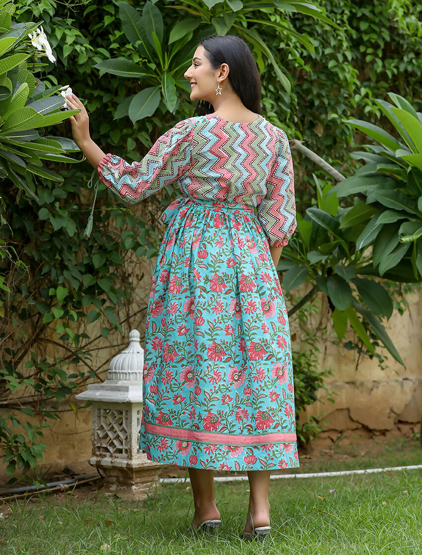 Kaajh Women's Green Hand Block Printed Dress | Grocsy