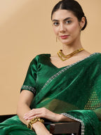 Green Organza Swaroski Diamond Work Saree with Unstitched Blouse - Radha | Grocsy