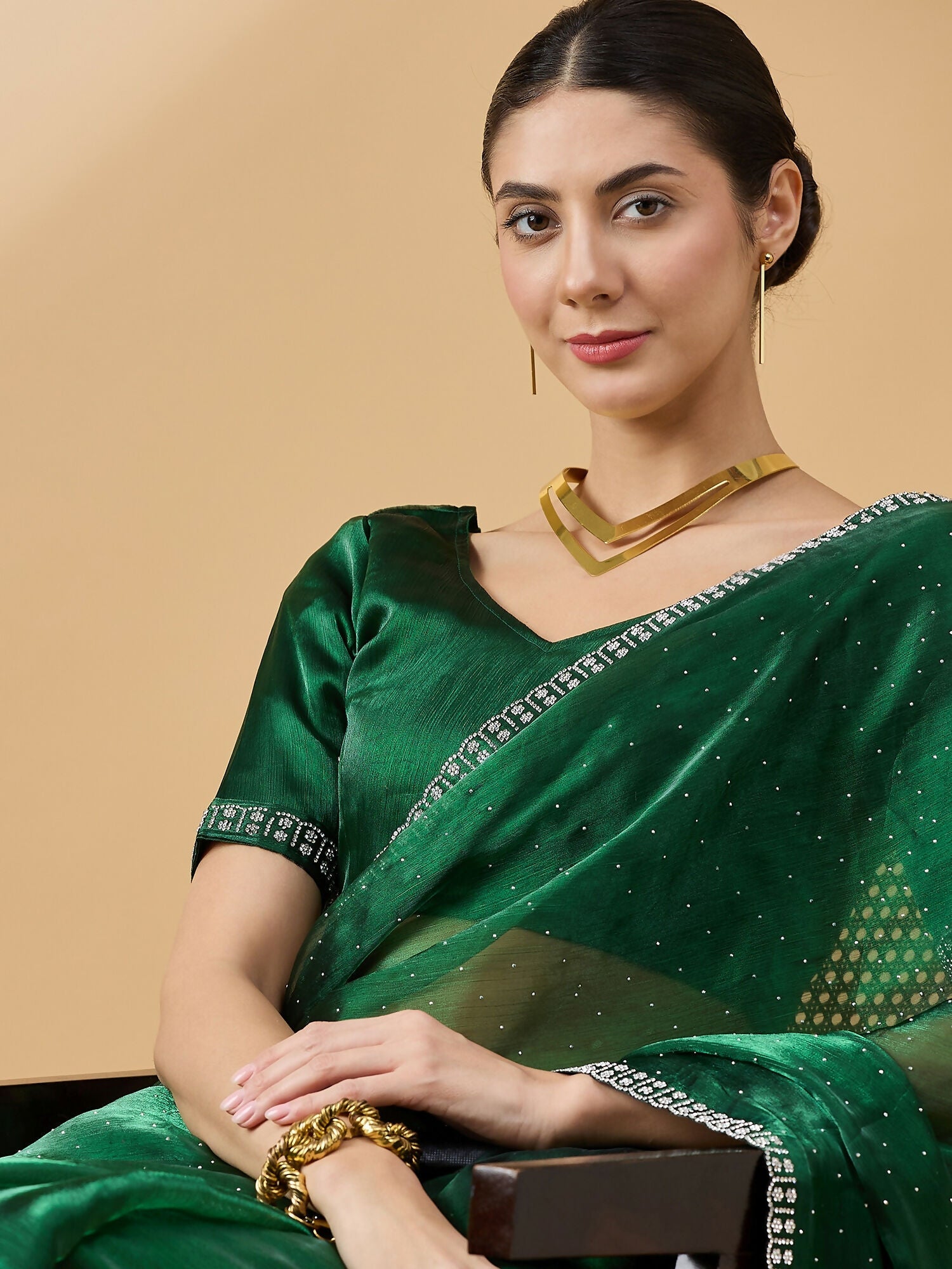 Green Organza Swaroski Diamond Work Saree with Unstitched Blouse - Radha | Grocsy