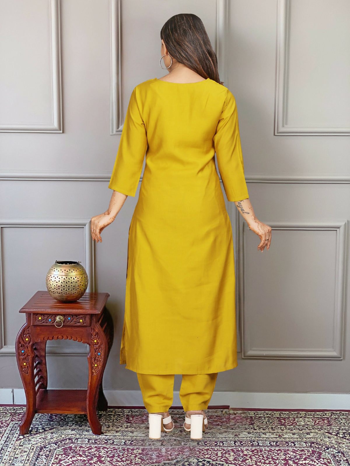 PartywearDesigner Viscose Yellow Stitched Suit With Dupatta - Tanisha | Grocsy