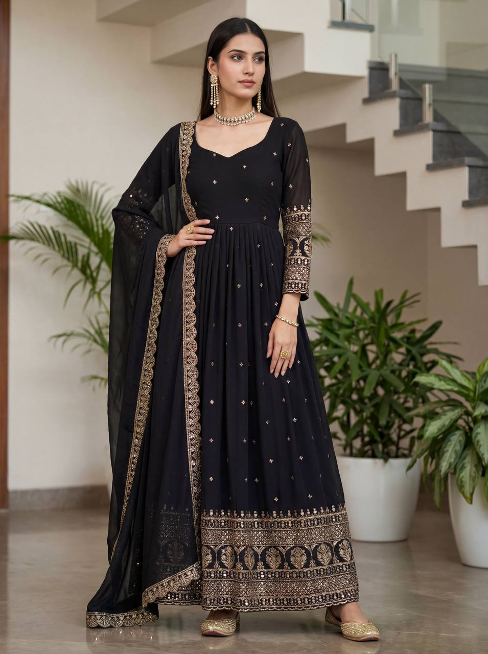 Lehenga Mart Designer Vichitra Silk Gown With Dupatta-Black | Grocsy