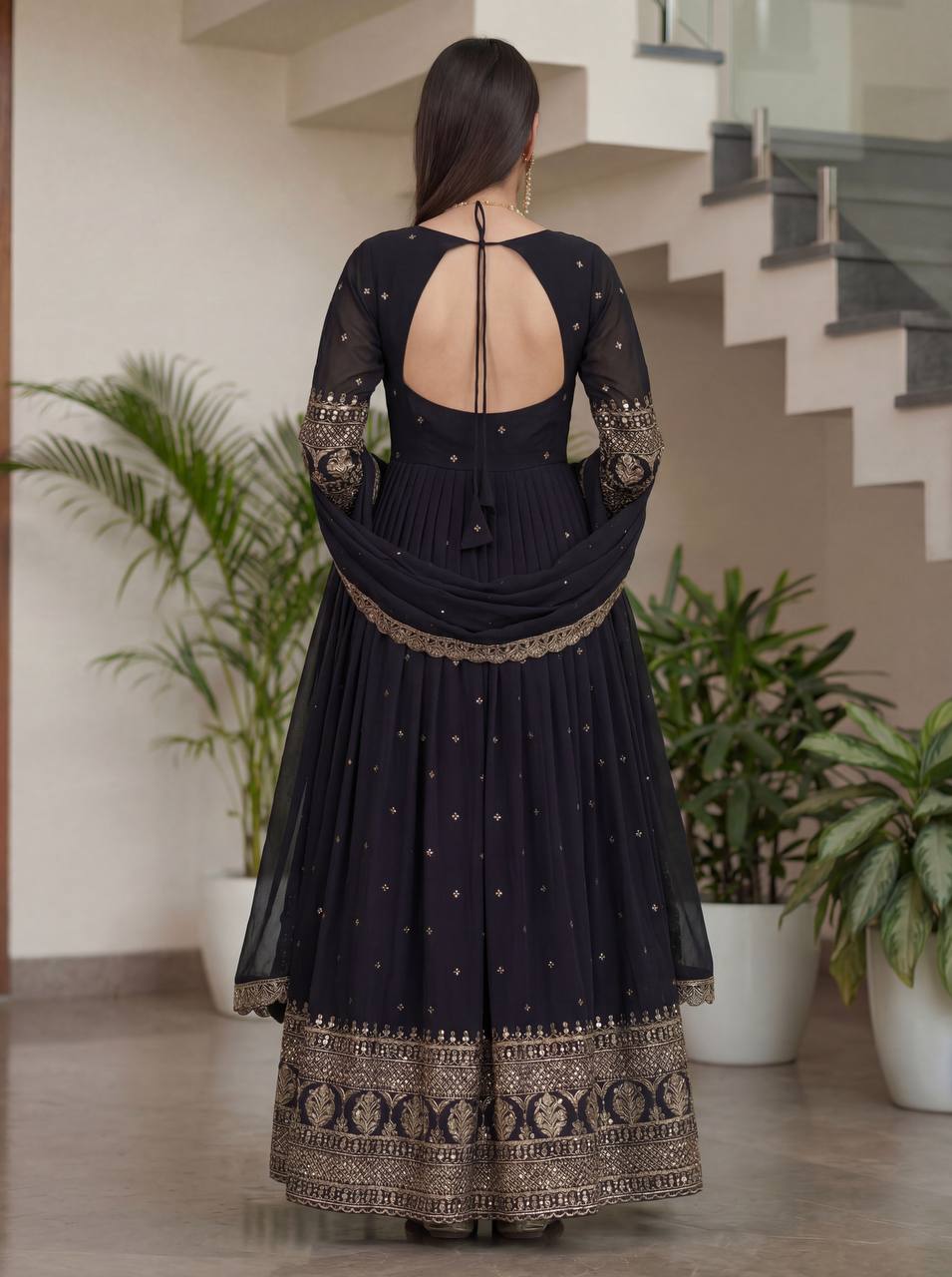 Lehenga Mart Designer Vichitra Silk Gown With Dupatta-Black | Grocsy